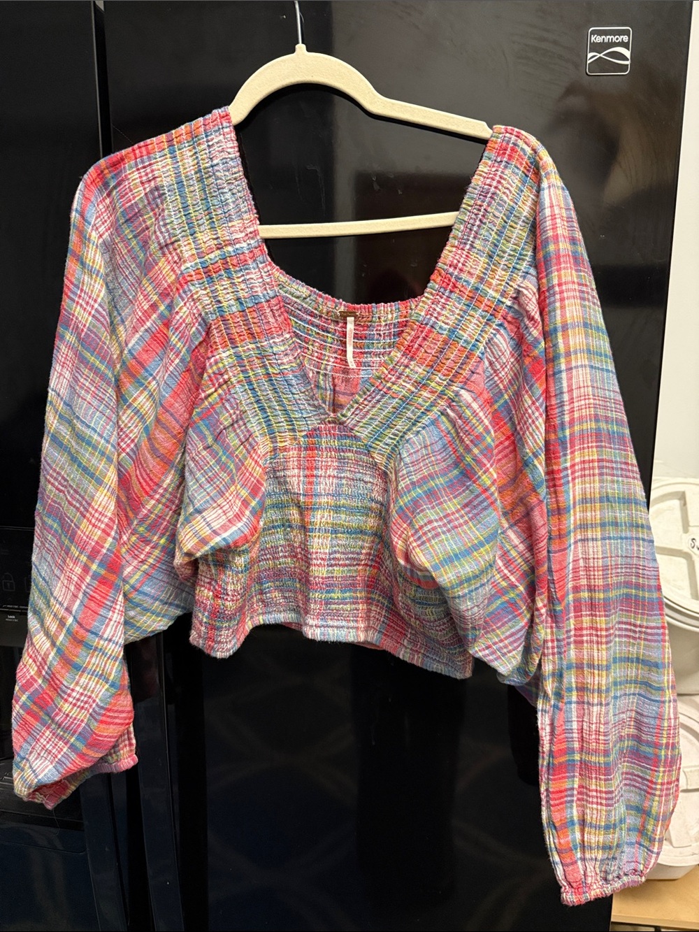 Free People Multi-Color Plaid Smocked Peasant Top